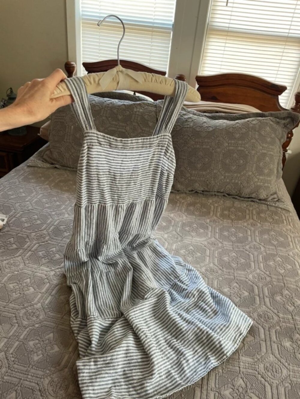 Casa Cabana White and Blue Gray Linen small stripe maxi dress in XS